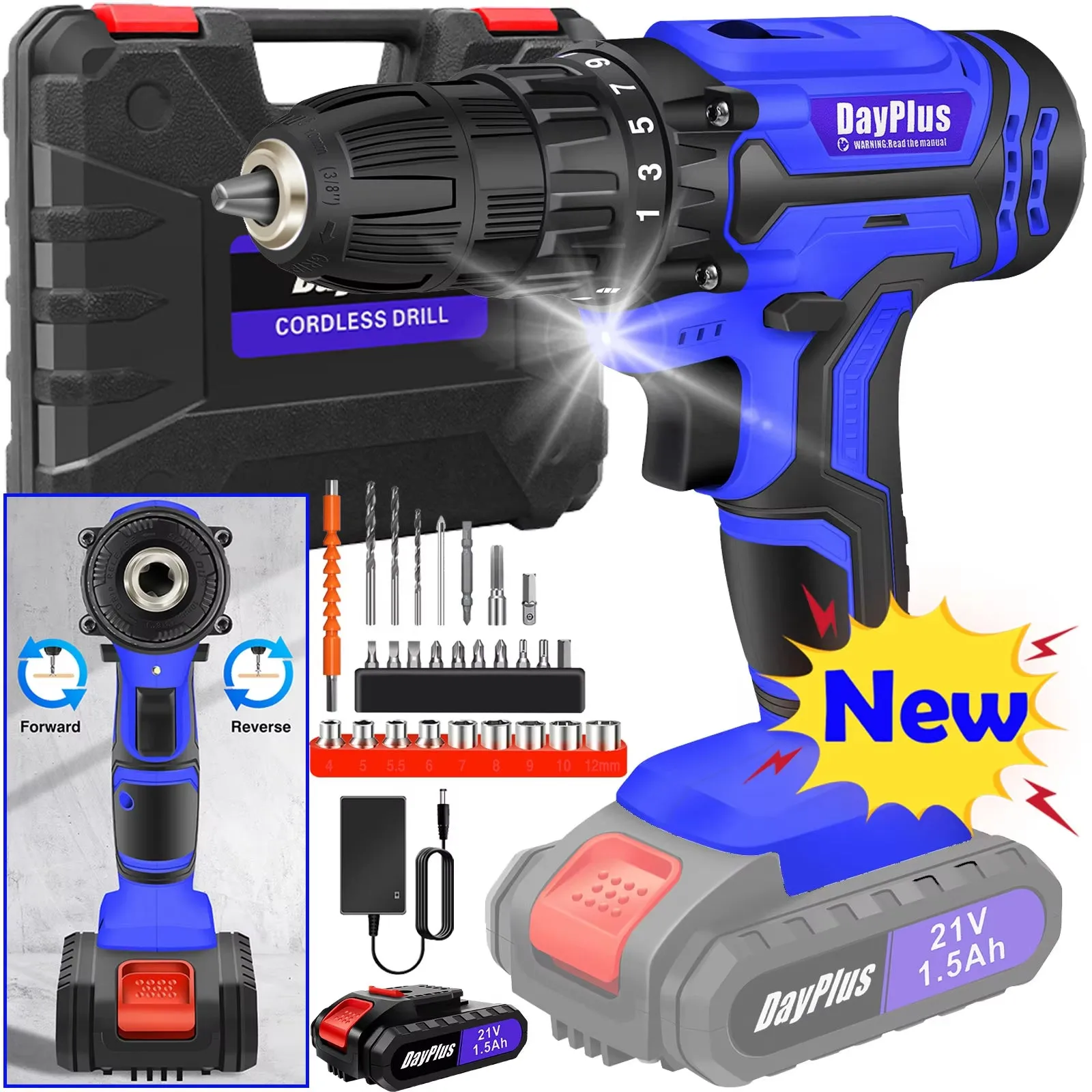 1400RPM 21V Cordless Drill Driver 45Nm 2 Speeds Electric Cordless Screwdriver 25 1 Torque with 1/2 1500Mah Battery & Accessories