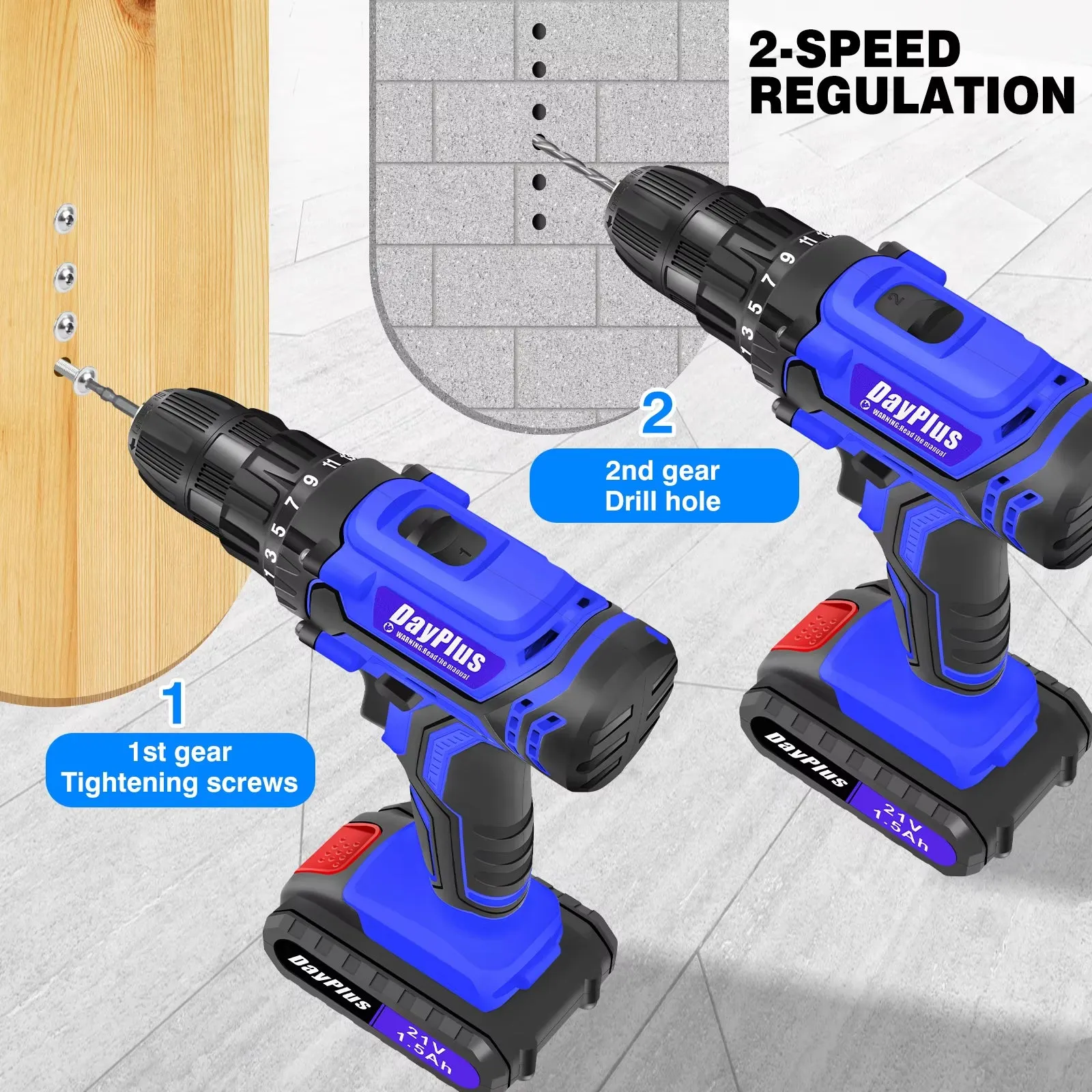 1400RPM 21V Cordless Drill Driver 45Nm 2 Speeds Electric Cordless Screwdriver 25 1 Torque with 1/2 1500Mah Battery & Accessories