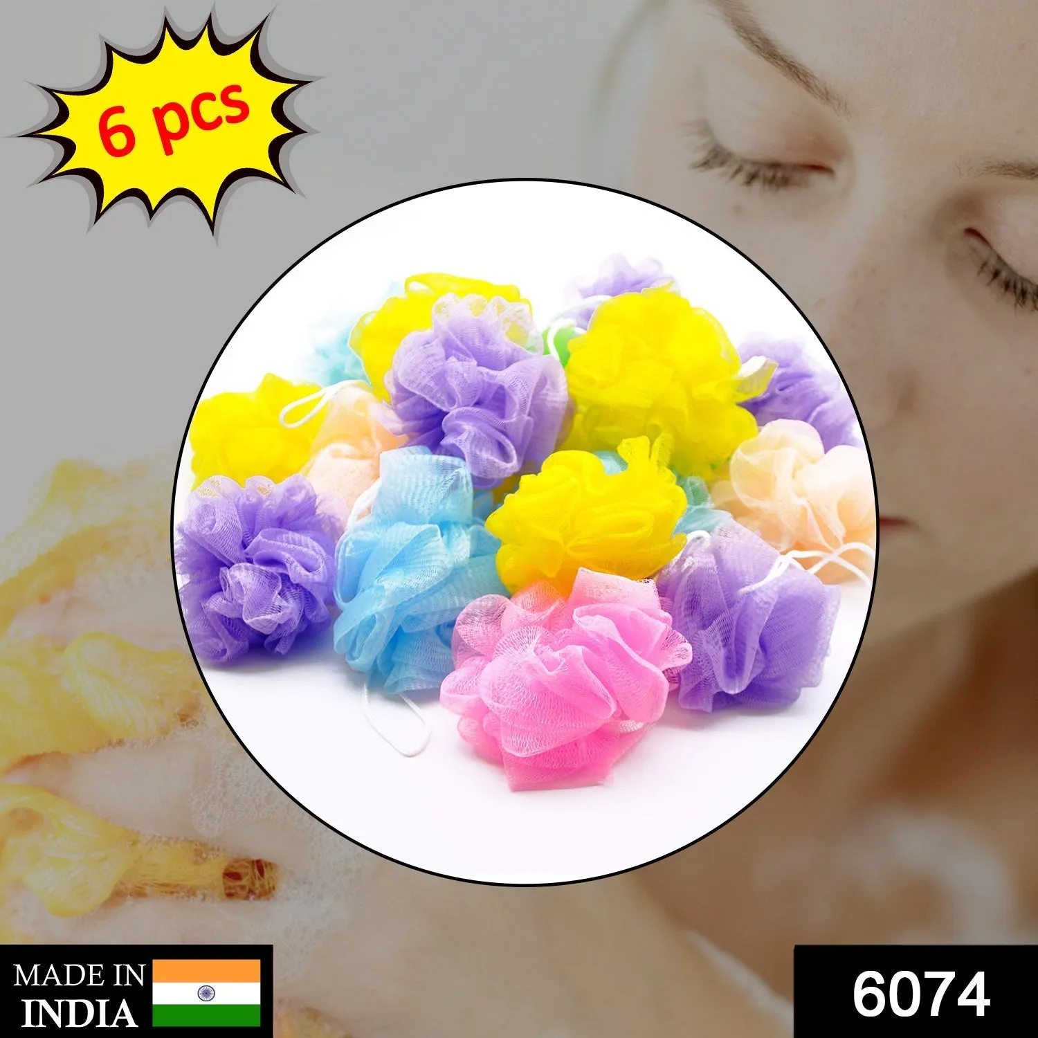 Bath Shower Loofah Sponge Pouf Body Scrubber (Pack of 6Pcs)
