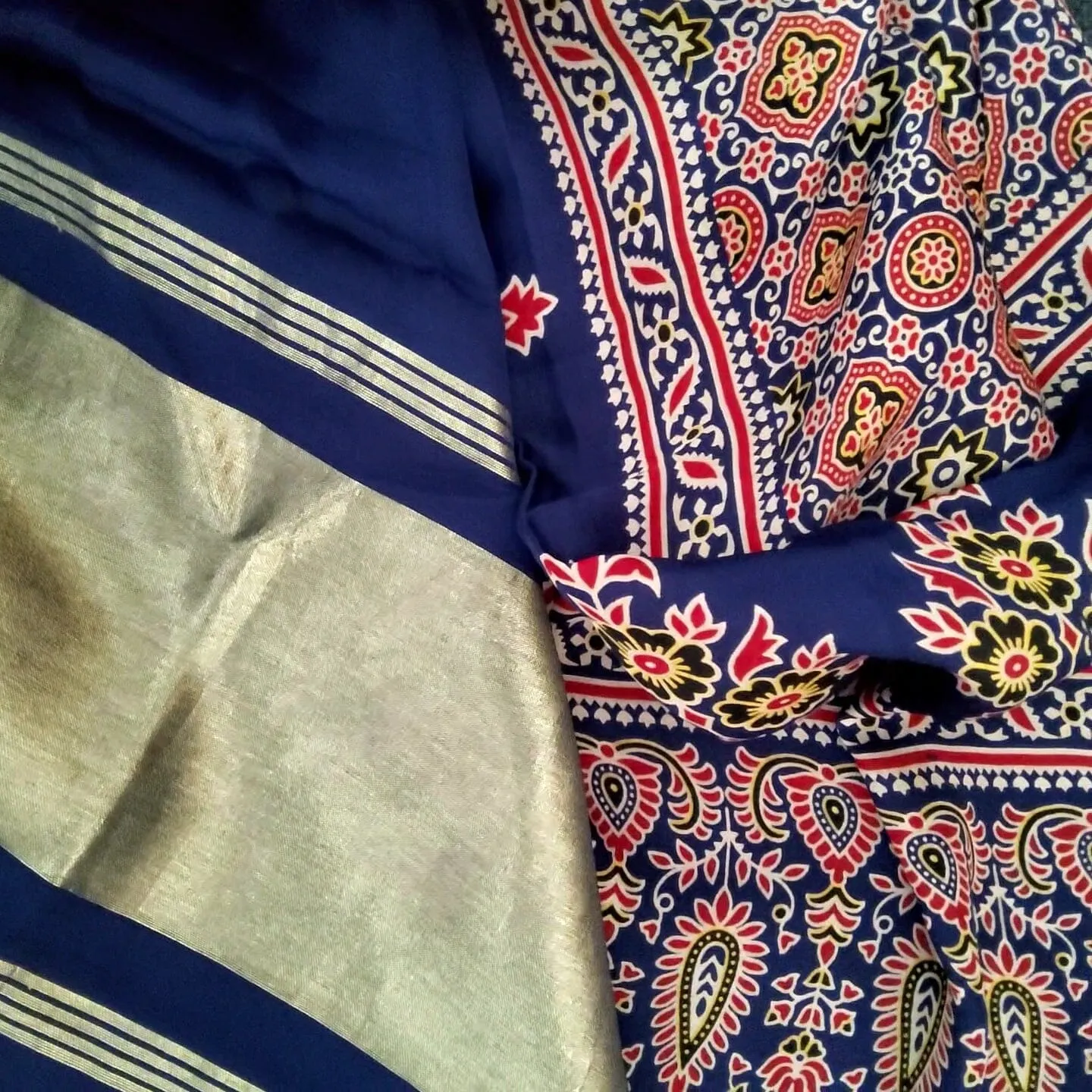 Blue Ajrakh Modal Silk Dupatta with tissue pallu