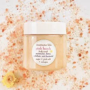 PINK BEACH Sugar & Pink Salt Body Scrub with Collagen. Exfoliates. Cleans. Moisturizes.