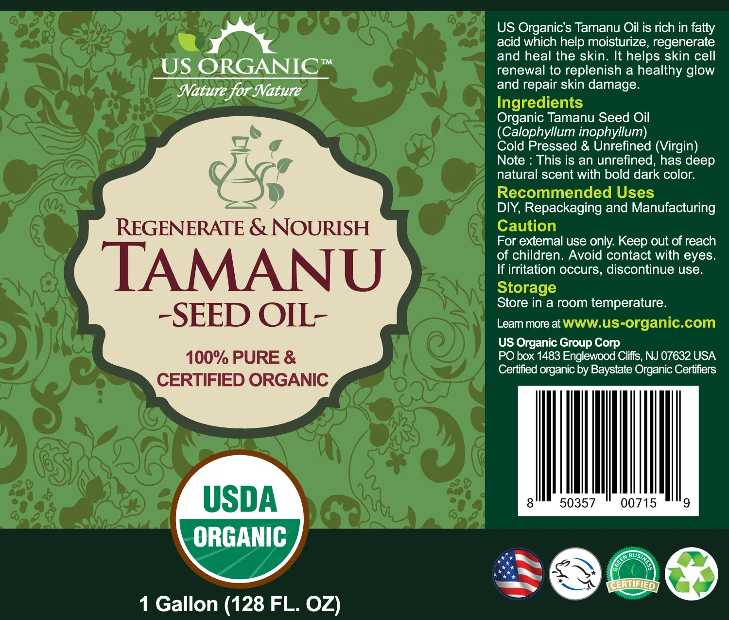 US Organic Tamanu Oil, 100% Pure Certified USDA Organic, 128 oz (1 Gallon)